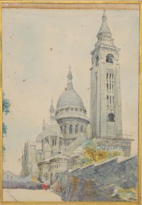 une image représentant un tableau d'une église avec un clocher en arrière-plan