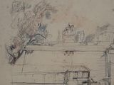 dessin représentant la vue d'un bâtiment avec une tour horloge en arrière-plan