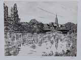 drawing of a black and white picture of a bridge over a river