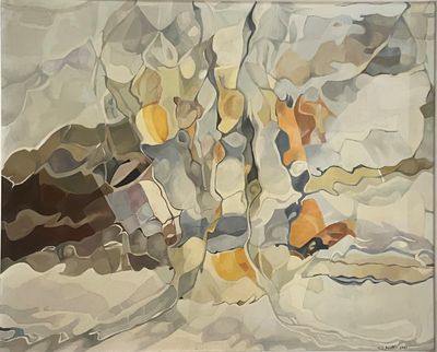 tableau représentant un arbre au milieu d'un champ enneigé