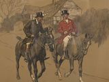 painting of two men riding horses in front of a house