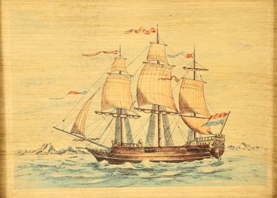 painting of a sailing ship in the ocean with flags on it