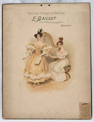 une illustration ancienne représentant deux femmes en robe jouant de la harpe