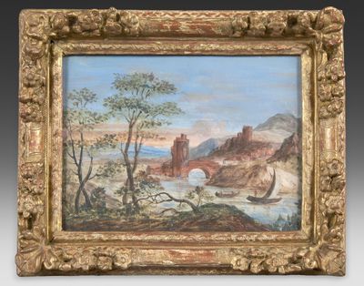 une peinture à l'huile représentant un paysage avec une rivière et un pont