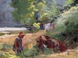 an oil painting of a couple of horses grazing in a field