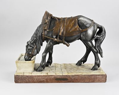 statue of a horse drinking water from a bowl on a stone base