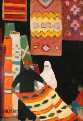 une image représentant un tableau où figurent un homme en chemise noire et une femme portant un chapeau rouge