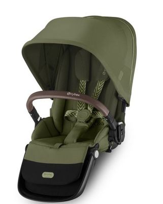 the buggy stroller has a green seat and a brown handlebar