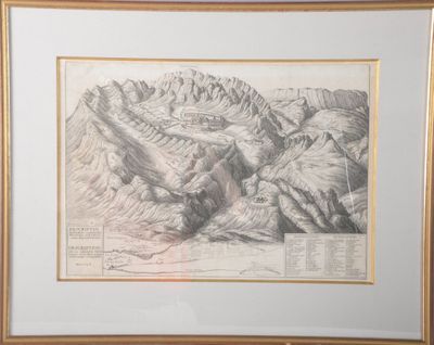 dessin représentant une chaîne de montagnes dans un cadre doré, accompagné d'une carte de la région