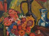 une peinture représentant un vase de fleurs sur une table