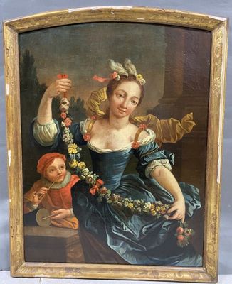 an old painting of a woman holding a flower in her hand