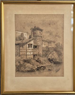 J/ ESTEVENEL Paysage animé au pont et maisons, fusain et reh…