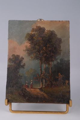 tableau représentant un paysage boisé avec des personnages sur un sentier près d'un arbre