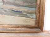 a picture of a painting of a boat on the beach
