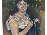 an oil painting of a woman in a white dress holding a black jacket