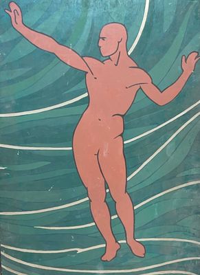 un tableau représentant un homme debout sur une planche de surf dans l'eau