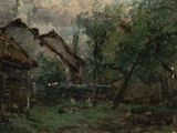 a painting of a farm scene with a cow in the foreground