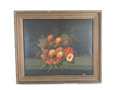 une photo d'un tableau représentant un panier de fruits posé sur une table