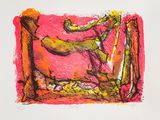 drawing of a man playing a harp in a pink room
