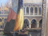 a painting of a sailboat on the water in front of a building