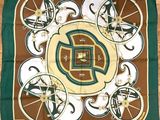 brown, green and white square scarf with a design of a celtic cross