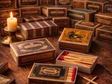 de nombreuses allumettes, rangées dans de petites boîtes posées sur la table