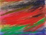 an abstract painting of red, green, and blue colors on a white background