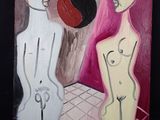 tableau représentant une femme et un homme debout devant un miroir