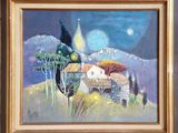 painting of a landscape with a house and trees in the foreground