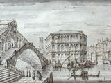 drawing of a view of a city with a bridge over a river