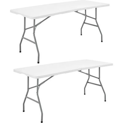 a pair of white folding tables sitting on top of each other