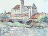 une peinture à l'huile représentant une église située sur une colline surplombant une rivière