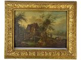 a painting of a farm scene with a horse drawn cart