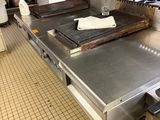plan de travail en acier inoxydable dans une cuisine professionnelle équipée de fours et de cuisinières
