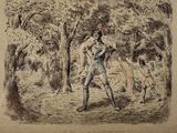 a drawing of a man holding a baseball bat in a wooded area