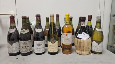 bottles of wine are lined up on a counter in front of a refrigerator