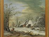 an oil painting of a snowy landscape with a house in the background