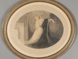 une vieille photo d'une femme en robe blanche dans un cadre doré