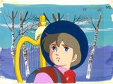 l'image d'une jeune fille portant un chapeau bleu et tenant une harpe jaune
