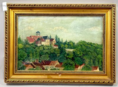 an image of a painting of a village on a hill