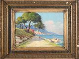 un tableau représentant une scène de plage avec un sentier menant au bord de l'eau