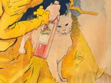 painting of a woman in a yellow dress holding a cat