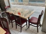 many empty wine glasses on the table in the restaurant