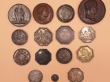 a lot of coins that are on the wall