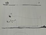 drawing of a man laying on a bench with a dog and a cat