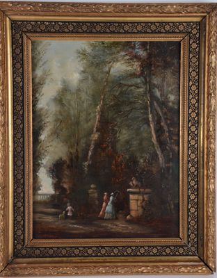 une peinture à l'huile sur toile représentant un paysage boisé avec des personnages et des arbres