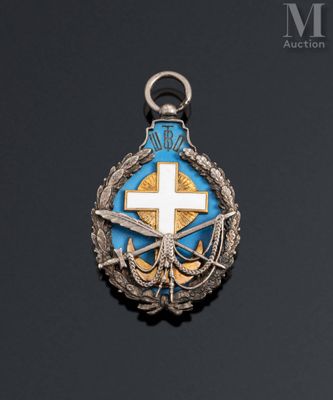 an image of a cross is on a blue and gold medal