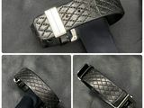 three different images of a black leather bracelet with a silver buckle