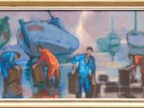 a painting of a group of men working on a boat