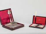 two silverware items in a case with a spoon and spoon rest